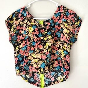 Neon Floral Crop top with Neon Green Zipper